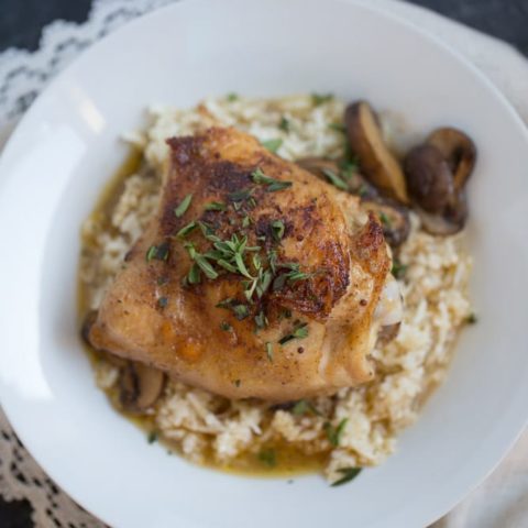 One Skillet Chicken Thighs and Mushrooms with Cauliflower Rice