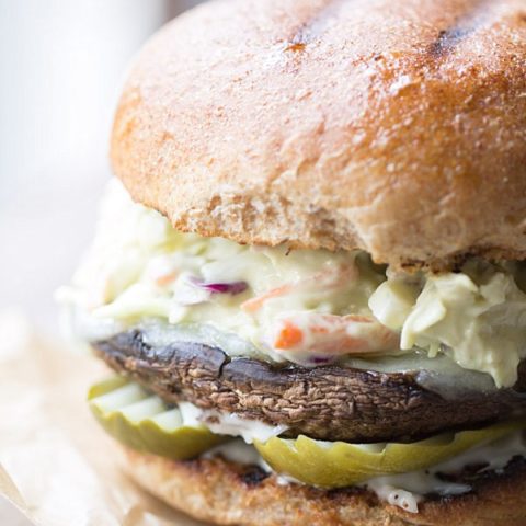 Portobello Burgers with Chipotle Avocado Slaw