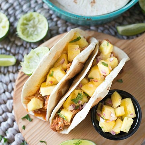 Shredded Chicken Tacos with Pineapple Salsa {Slow Cooker}