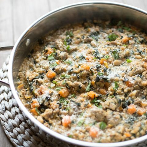 Skillet Farro and Turkey Sausage Casserole with Kale and Sweet Potatoes