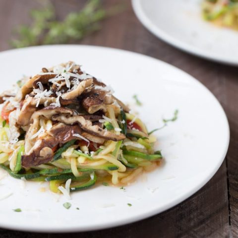 Zucchini Noodles with Shiitakes and Tomato Sauce