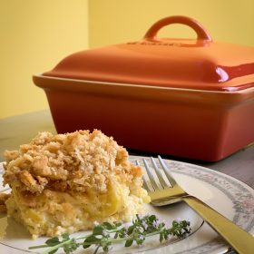 one-helping-of-squash-casserole-with-le-creuset-casserole-dish