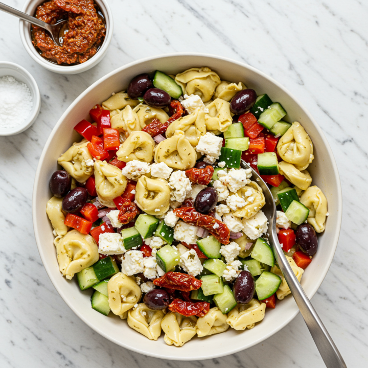 Greek Tortellini Salad with Sun-dried Tomato Pesto