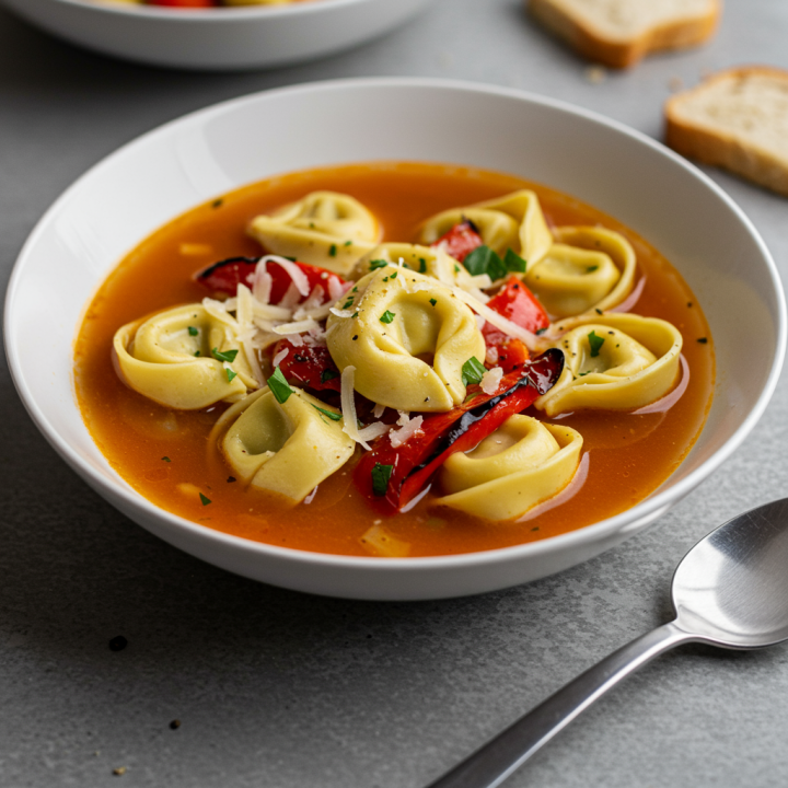 Vegetarian Tortellini Soup With Roasted Red Peppers