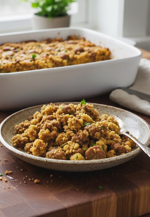 The Best Cornbread Sausage Stuffing with Hot Honey